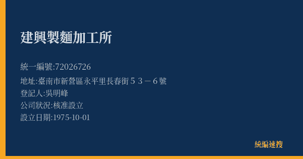 建興製麵加工所的照片-統編 72026726(臺南市) 公司登記資料與營業項目詳細圖表