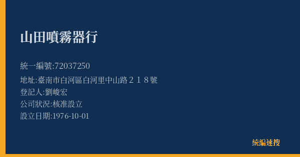 山田噴霧器行的照片-統編 72037250(臺南市) 公司登記資料與營業項目詳細圖表