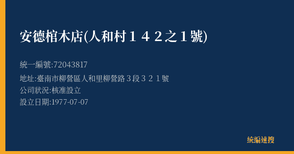 安德棺木店(人和村142之1號)的照片-統編 72043817(臺南市) 公司登記資料與營業項目詳細圖表