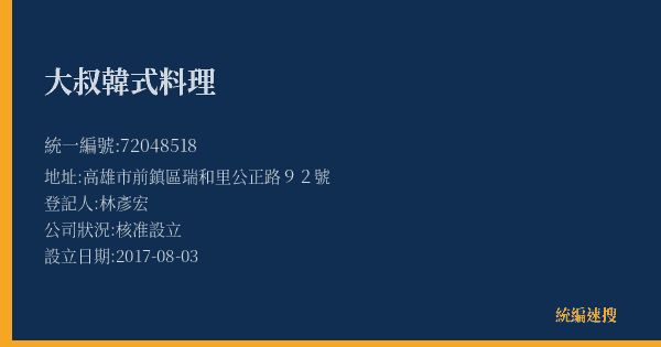 大叔韓式料理的照片-統編 72048518(高雄市) 公司登記資料與營業項目詳細圖表