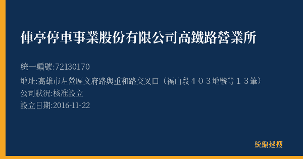 俥亭停車事業股份有限公司高鐵路營業所的照片-統編 72130170(高雄市) 公司登記資料與營業項目詳細圖表