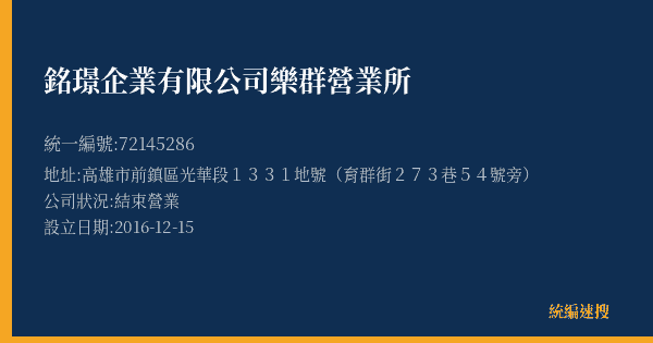 銘璟企業有限公司樂群營業所的照片-統編 72145286(高雄市) 公司登記資料與營業項目詳細圖表