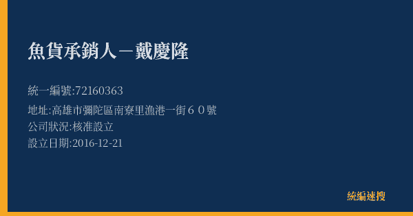 魚貨承銷人-戴慶隆的照片-統編 72160363(高雄市) 公司登記資料與營業項目詳細圖表