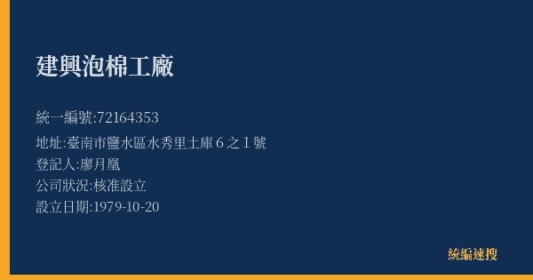 建興泡棉工廠的照片-統編 72164353(臺南市) 公司登記資料與營業項目詳細圖表