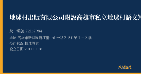 地球村出版有限公司附設高雄市私立地球村語文短期補習班的照片-統編 72167984(高雄市) 公司登記資料與營業項目詳細圖表