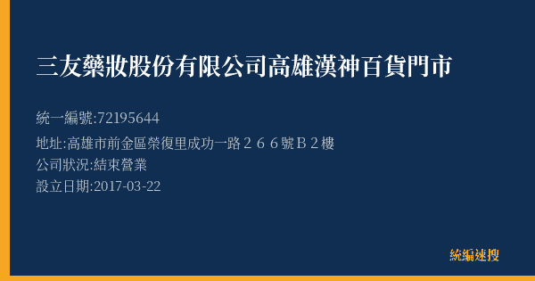 三友藥妝股份有限公司高雄漢神百貨門市的照片-統編 72195644(高雄市) 公司登記資料與營業項目詳細圖表