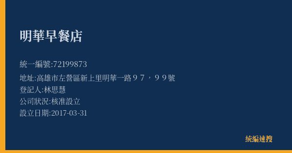 明華早餐店的照片-統編 72199873(高雄市) 公司登記資料與營業項目詳細圖表