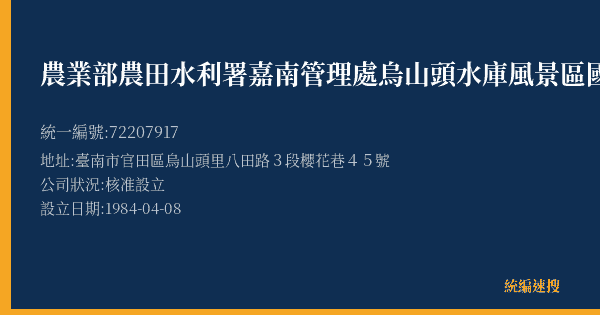 農業部農田水利署嘉南管理處烏山頭水庫風景區國民旅舍的照片-統編 72207917(臺南市) 公司登記資料與營業項目詳細圖表