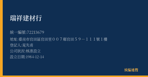 瑞祥建材行的照片-統編 72213679(臺南市) 公司登記資料與營業項目詳細圖表
