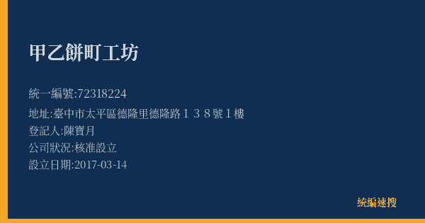 甲乙餅町工坊的照片-統編 72318224(臺中市) 公司登記資料與營業項目詳細圖表