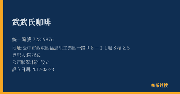 武武氏咖啡的照片-統編 72319976(臺中市) 公司登記資料與營業項目詳細圖表