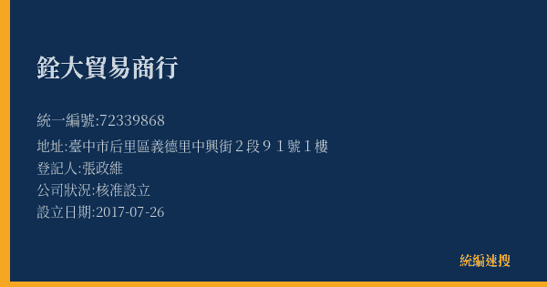 銓大貿易商行的照片-統編 72339868(臺中市) 公司登記資料與營業項目詳細圖表