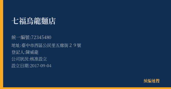 七福烏龍麵店的照片-統編 72345480(臺中市) 公司登記資料與營業項目詳細圖表