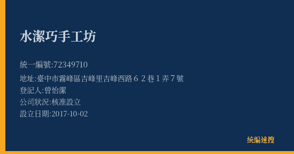 水潔巧手工坊的照片-統編 72349710(臺中市) 公司登記資料與營業項目詳細圖表
