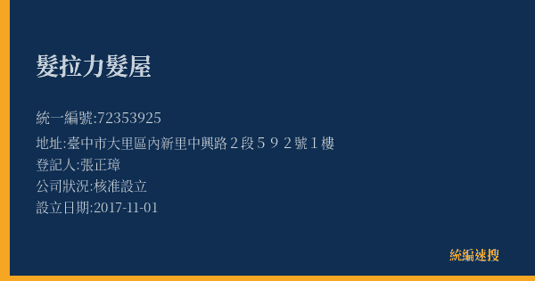 髮拉力髮屋的照片-統編 72353925(臺中市) 公司登記資料與營業項目詳細圖表