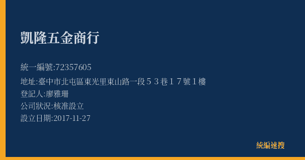 凱隆五金商行的照片-統編 72357605(臺中市) 公司登記資料與營業項目詳細圖表