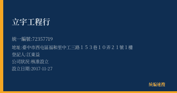 立宇工程行的照片-統編 72357719(臺中市) 公司登記資料與營業項目詳細圖表