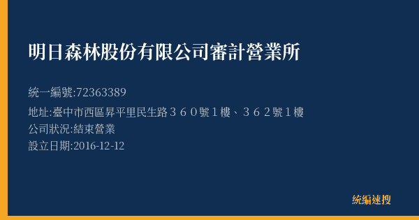 明日森林股份有限公司審計營業所的照片-統編 72363389(臺中市) 公司登記資料與營業項目詳細圖表