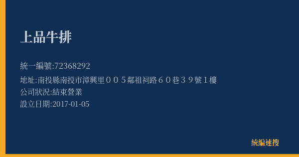 上品牛排的照片-統編 72368292(南投縣) 公司登記資料與營業項目詳細圖表