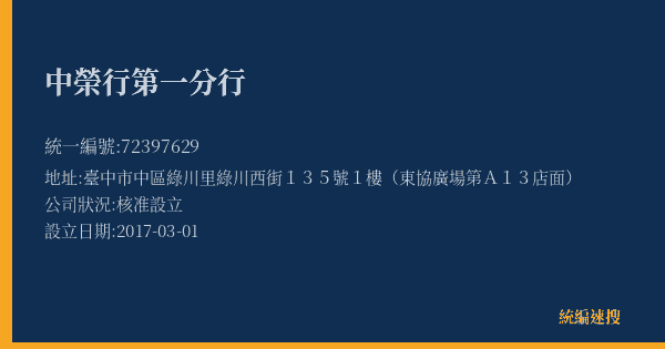 中榮行第一分行的照片-統編 72397629(臺中市) 公司登記資料與營業項目詳細圖表