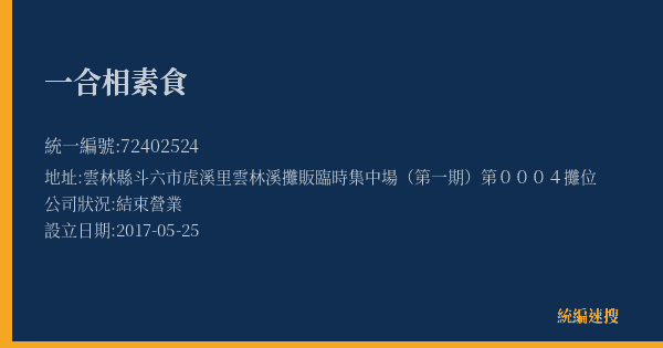 一合相素食的照片-統編 72402524(雲林縣) 公司登記資料與營業項目詳細圖表