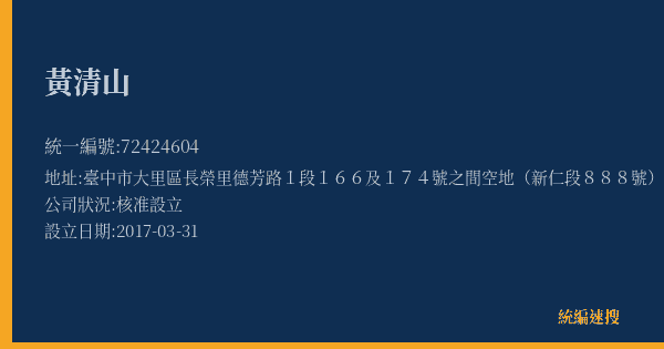 黃清山的照片-統編 72424604(臺中市) 公司登記資料與營業項目詳細圖表