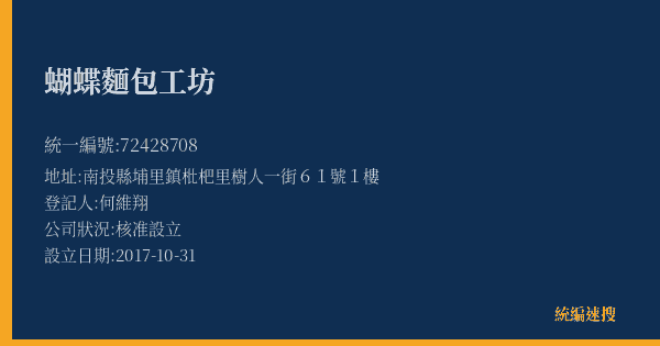 蝴蝶麵包工坊的照片-統編 72428708(南投縣) 公司登記資料與營業項目詳細圖表