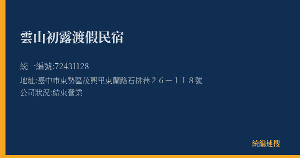 雲山初露渡假民宿的照片-統編 72431128(臺中市) 公司登記資料與營業項目詳細圖表
