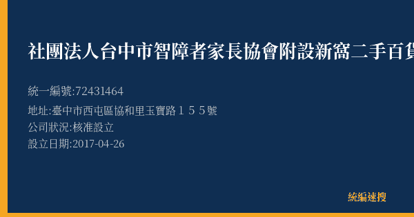 社團法人台中市智障者家長協會附設新窩二手百貨中心的照片-統編 72431464(臺中市) 公司登記資料與營業項目詳細圖表