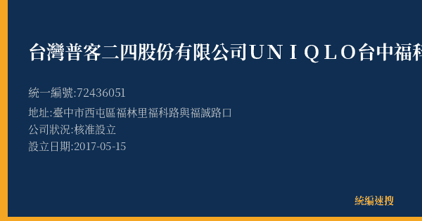 台灣普客二四股份有限公司UNIQLO台中福科路店停車場的照片-統編 72436051(臺中市) 公司登記資料與營業項目詳細圖表