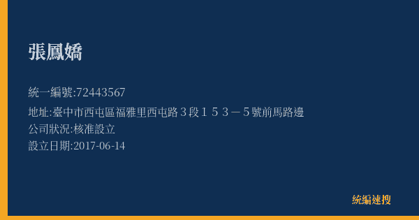 張鳳嬌的照片-統編 72443567(臺中市) 公司登記資料與營業項目詳細圖表
