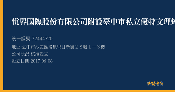 悅界國際股份有限公司附設臺中市私立優特文理短期補習班的照片-統編 72444720(臺中市) 公司登記資料與營業項目詳細圖表