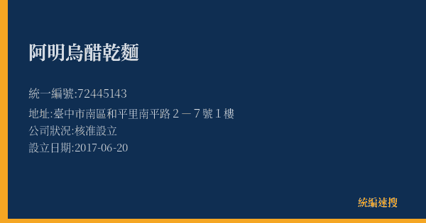 阿明烏醋乾麵的照片-統編 72445143(臺中市) 公司登記資料與營業項目詳細圖表
