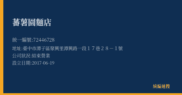 蕃薯園麵店的照片-統編 72446728(臺中市) 公司登記資料與營業項目詳細圖表