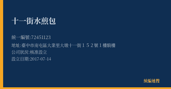 十一街水煎包的照片-統編 72451123(臺中市) 公司登記資料與營業項目詳細圖表