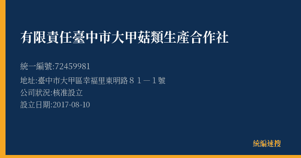 有限責任臺中市大甲菇類生產合作社的照片-統編 72459981(臺中市) 公司登記資料與營業項目詳細圖表