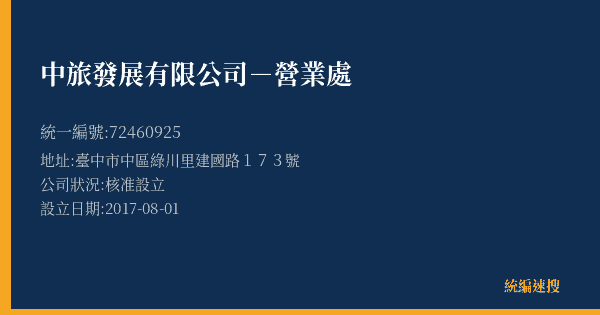 中旅發展有限公司-營業處的照片-統編 72460925(臺中市) 公司登記資料與營業項目詳細圖表