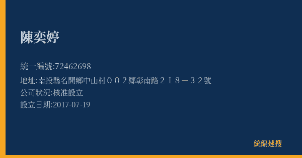 陳奕婷的照片-統編 72462698(南投縣) 公司登記資料與營業項目詳細圖表