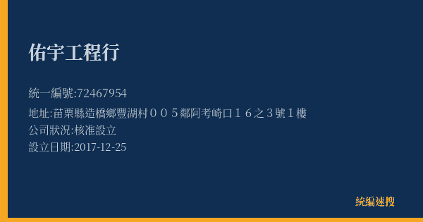 佑宇工程行的照片-統編 72467954(苗栗縣) 公司登記資料與營業項目詳細圖表