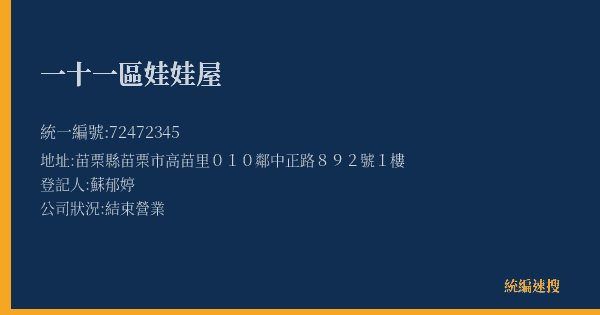 一十一區娃娃屋的照片-統編 72472345(苗栗縣) 公司登記資料與營業項目詳細圖表