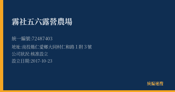 霧社五六露營農場的照片-統編 72487403(南投縣) 公司登記資料與營業項目詳細圖表
