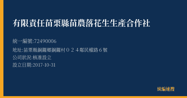 有限責任苗栗縣苗農落花生生產合作社的照片-統編 72490006(苗栗縣) 公司登記資料與營業項目詳細圖表