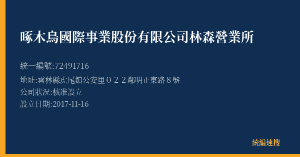 啄木鳥國際事業股份有限公司林森營業所的照片-統編 72491716(雲林縣) 公司登記資料與營業項目詳細圖表