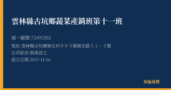 雲林縣古坑鄉蔬菜產銷班第十一班的照片-統編 72492102(雲林縣) 公司登記資料與營業項目詳細圖表