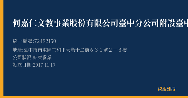 何嘉仁文教事業股份有限公司臺中分公司附設臺中巿私立何嘉仁英語短期補習班(惠文分班)的照片-統編 72492150(臺中市) 公司登記資料與營業項目詳細圖表