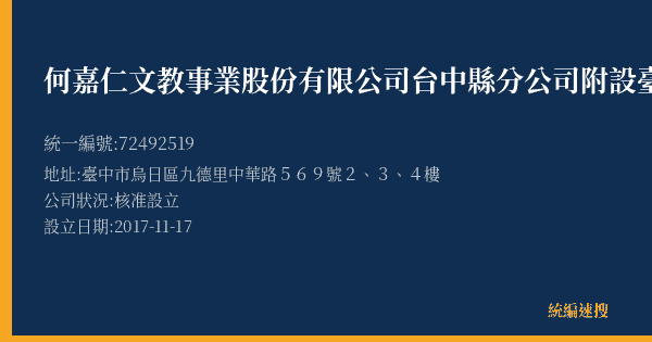 何嘉仁文教事業股份有限公司台中縣分公司附設臺中市私立嘉和語文短期補習班的照片-統編 72492519(臺中市) 公司登記資料與營業項目詳細圖表