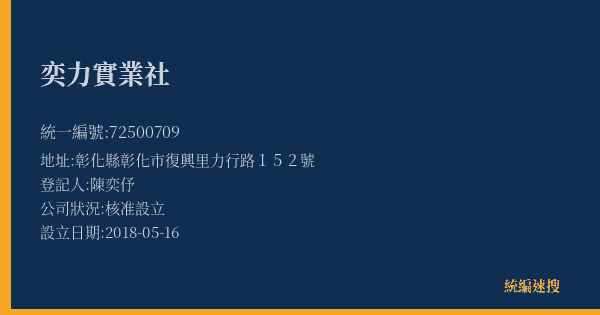 奕力實業社的照片-統編 72500709(彰化縣) 公司登記資料與營業項目詳細圖表