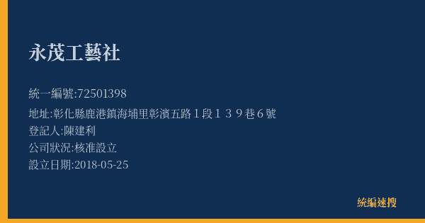 永茂工藝社的照片-統編 72501398(彰化縣) 公司登記資料與營業項目詳細圖表