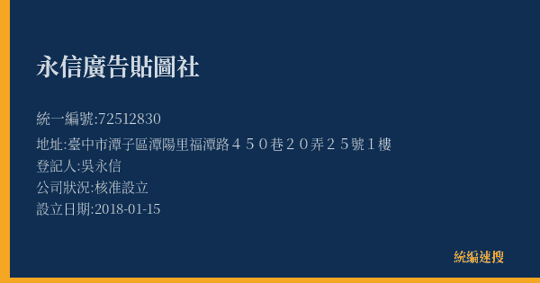 永信廣告貼圖社的照片-統編 72512830(臺中市) 公司登記資料與營業項目詳細圖表
