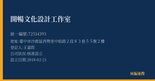 開暢文化設計工作室的照片-統編 72514393(臺中市) 公司登記資料與營業項目詳細圖表